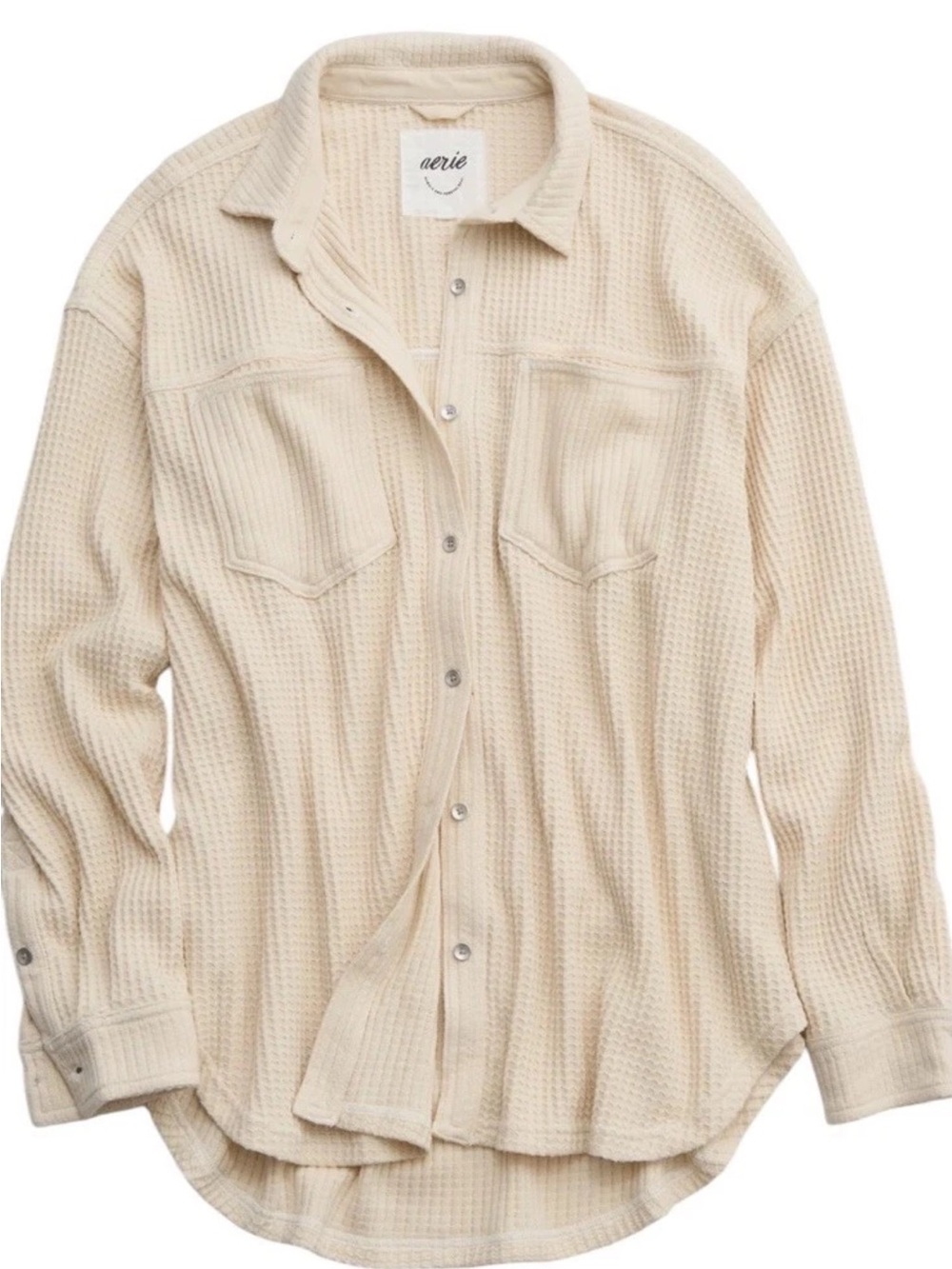 NWT AERIE Anytime Fave Waffle Knit Button Up Shirt Size Small S Top Cream